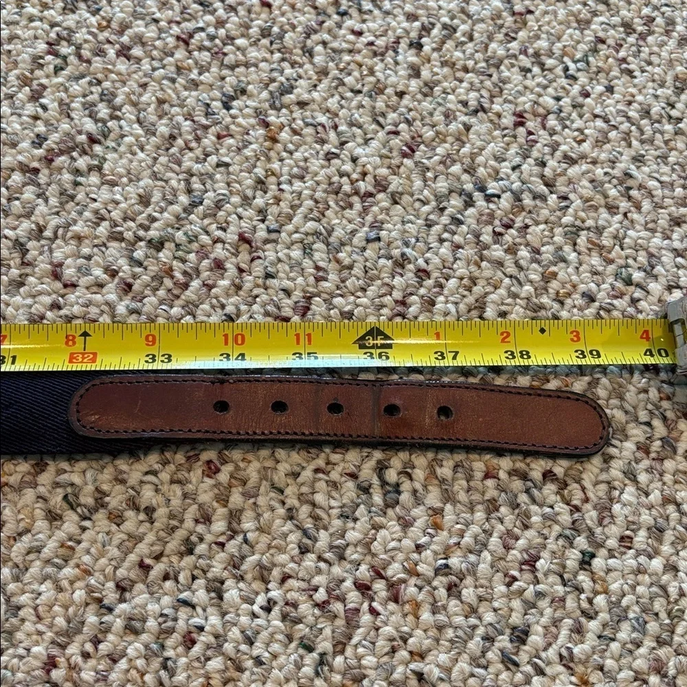 Vintage Brown and Navy Belt with Brass Buckle. Fabric & Leather. 36